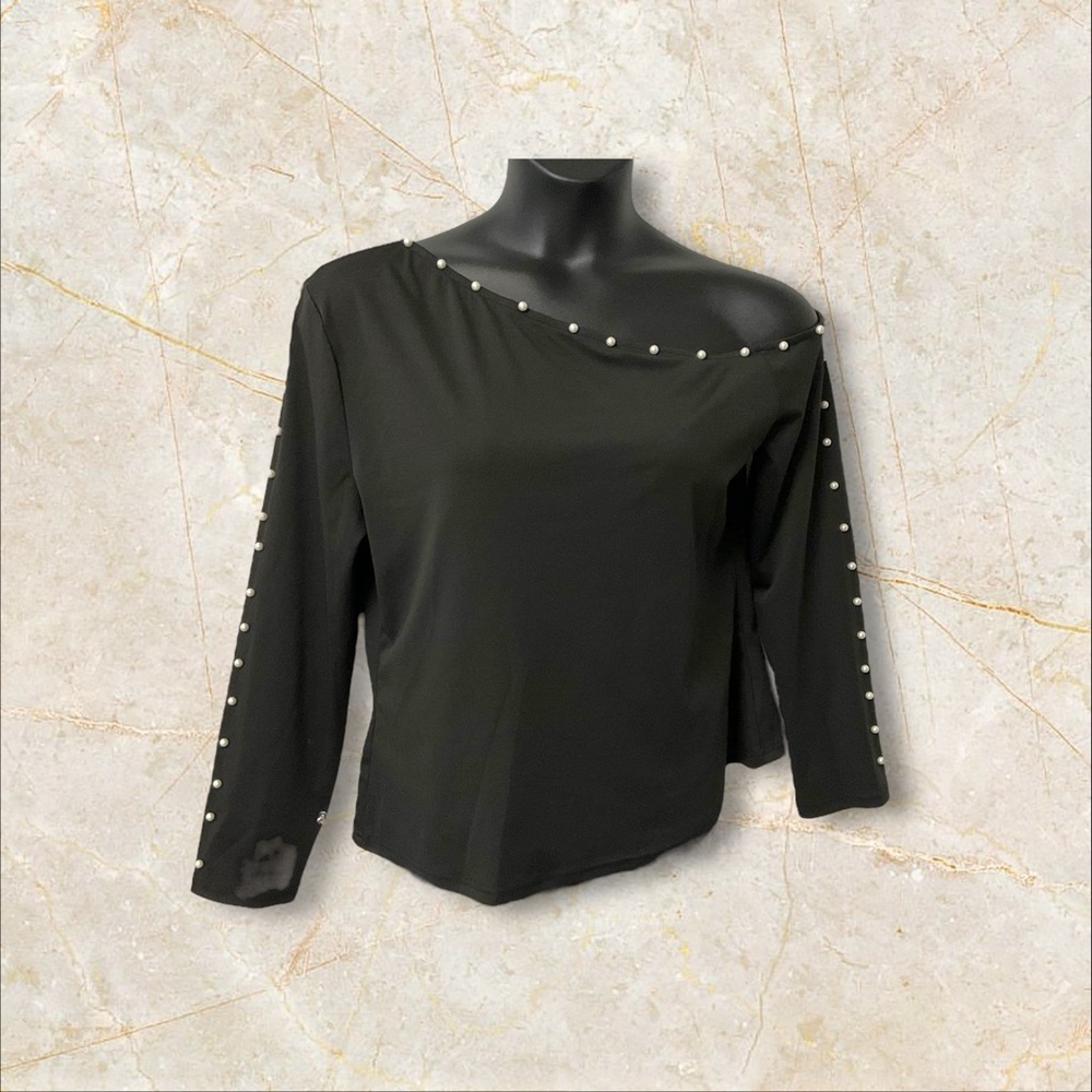 Xpluswear Black‎ Top Long Sleeve SZ XL Women Off Shoulder Pearls Casual Feminine